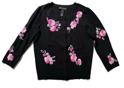 INC Cardigan Sweater Embroidered Jeweled Flowers Retro Size Small - Image 1 of 4