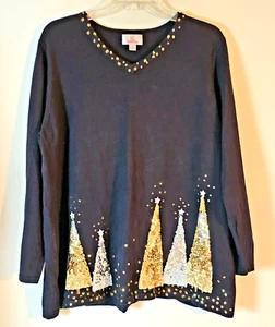 Quacker Factory Maglione Donna Vacanze Argento e Oro Paillettes Alberi Nero 1X - Foto 1 di 9