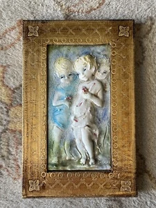 Vintage Emanuele Terzani Italian Majolica Relief Ceramic Tile Children Framed - Picture 1 of 10