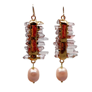 Natural Red Lepidocrocite Quartz Druzy Cultured Pink Rice Pearl Hook Earrings