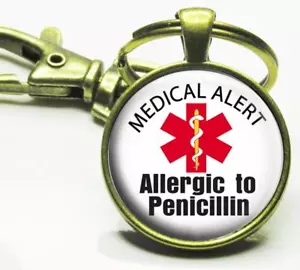 Medical Alert Allergic to Penicillin Glass Top Key Chain Health Issues Allergies - Picture 1 of 2