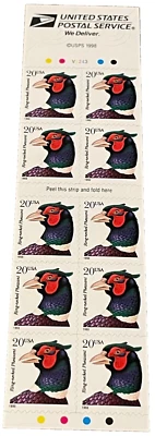RING-NECKED PHEASANT 10 Stamp 20c Self Adhesive Stamp Book 1998 USPS - Image 1 of 2