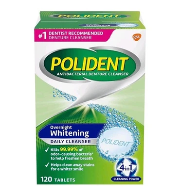 Tabletas limpiadoras blanqueadoras para dentaduras durante la noche Polident 120 unidades 1 paquete 31/07/2027 Foto 1 de 4