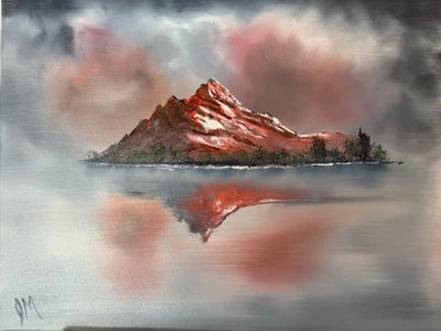 Bob Ross Style original oil painting signed titled Red Mountain Reflection - Image 1 of 4