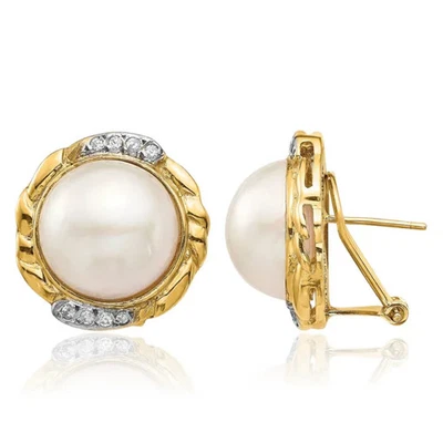 14K Solid Yellow Gold 13mm White Saltwater Cultured Mabe Pearl Diamond Omega ... - Image 1 of 4