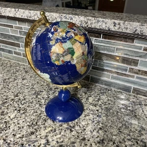 Small Blue Lapis Semi-Previous Gem Stone Globe In Stand 10.5” Tall Exc. Cond. - Picture 1 of 6