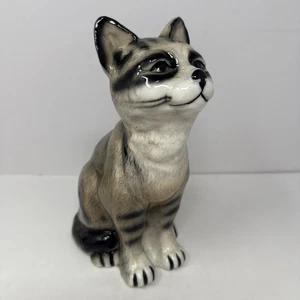 Tabby Cat Porcelain Ceramic Glazed Striped Gray Cat   9” Figurine. Unmarked - Picture 1 of 8