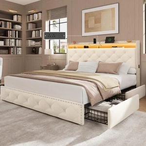 Queen Size Bed Frame with 4 Storage Drawers and Charging Station, Velvet Upho... - Picture 1 of 9
