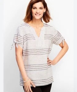 Talbots Pretty Beige White Blue Stripe Linen SL Blouse SMALL Lagenlook NWT - Picture 1 of 9