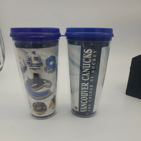 Vancouver Canucks Travel Mug Pair  Hockey Jersey's 1970 -1999  16 Oz With Tags Cover