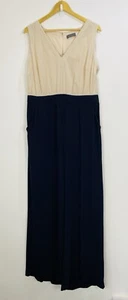 Mint Velvet Jumpsuit Women Size 16 Cream Navy V Neck Wide Leg Pockets Sleeveless - Picture 1 of 11