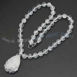 Clear Rock Crystal Quartz Round Gems Beads Teardrop Pendant Necklace 6/8/10/12mm - Picture 1 of 12