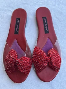 90s Vtg Original Betsey Johnson Red Leather PVC Rhinestone Bow Sandals 6 - Picture 1 of 6