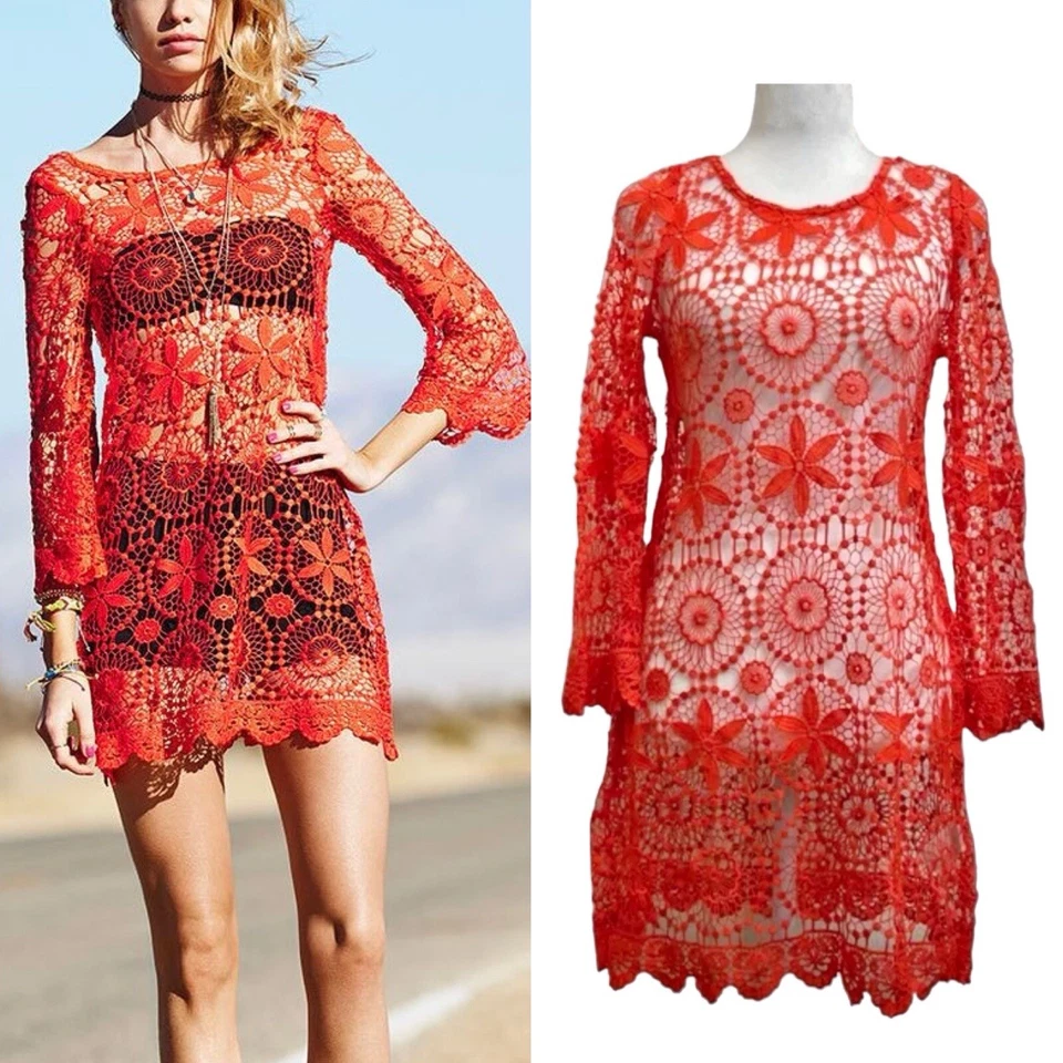 H&M x Coachella VESTIDO MINI DE GANCHILLO S Boho Sexy Festival Sexy Red Club Beach Foto 1 de 4