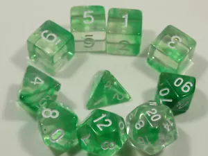 NEW RPG Dice 10pc - Mysty Clear Green w/white- 1@D4 D8 D10 D12 D20 D00-10 &4D6 - Picture 1 of 8