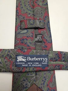 vtg 90s BURBERRYS Men's Neck Tie PAISLEY 100% Silk Red Green Blue MADE ENGLAND - Picture 1 of 6