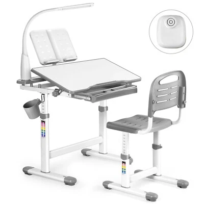 Kinderschreibtisch Schülerschreibtisch Verstellbar Neigbar mit Stuhl&Lampe Grau - Bild 1 von 4