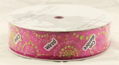 Pink Green Sparkle Circles Sheer Pink Wired Ribbon 50 Yards NEW mod spring orbit - Image 1 of 3