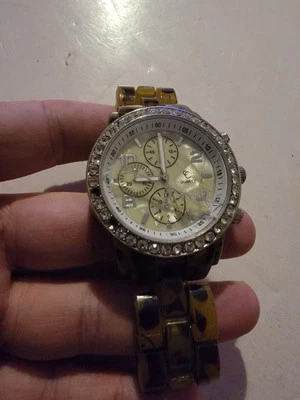 Charming Charlie Rhinestone Watch Leopard Print Band Quartz Stainless Steel - Image 1 of 4