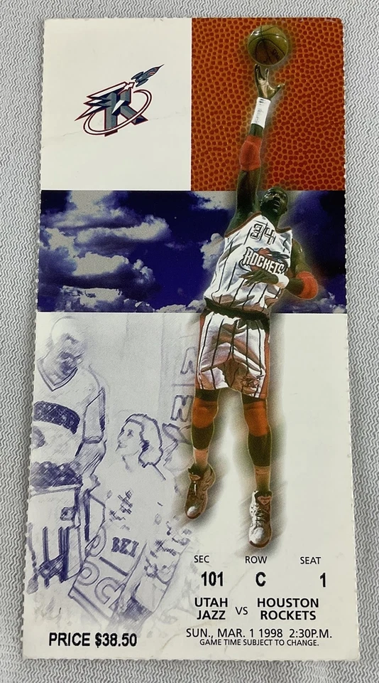 NBA 1998 03/01 Utah Jazz at Houston Rockets Ticket-John Stockton 17pts, 14ast - Image 1 of 1