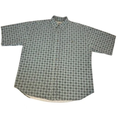 Camisa Vintage Años 90 Bugle Boy XXL Abotonada S/S AOP Verde Azul Estampado Patrón Limpio Foto 1 de 4
