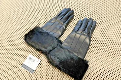 $228 Coach Womens Rabbit Fur Cuff Leather Merino Wool Lined Gloves BLACK Sz 7.5 - Image 1 of 4