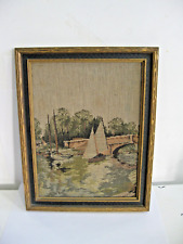 Antique La France Art Company Jacquard Framed Tapestry Bridge & Sail Boats 1920s