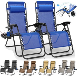 Set of 2 Zero Gravity Chairs Folding Lounger Beach Outdoor Patio Recliner Chair - Picture 1 of 15