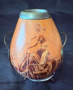 Vintage Drinking Gourd Western Etched Cowboy Horse Silver Tone Top w Base - Picture 1 of 7