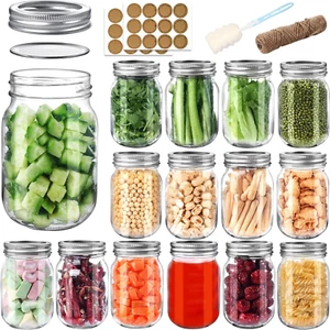 Mason Jars 16 Oz Airtight Lids Bands 15 Pack Regular Mouth Canning Jars Clear - Picture 1 of 1