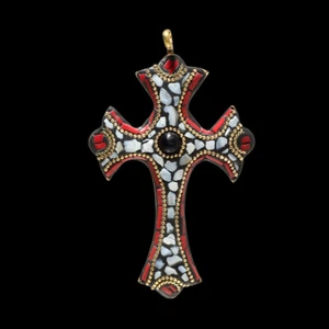 PEARL, ONYX & RED CORAL GEMSTONE TIBATAN HANDMADE BOHO CROSS PENDANT 4.4'' - Picture 1 of 1