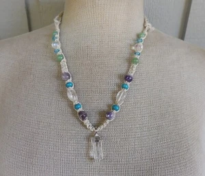 Quartz Double Terminated Point Adjustable Hemp Necklace Amethyst Turquoise Beads - Picture 1 of 8