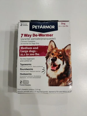 Pet Armor 7 Way De-Wormer for Dogs, (Med-Large) 25-200lbs. 2 Chewable. Exp 8/27 - Image 1 of 4