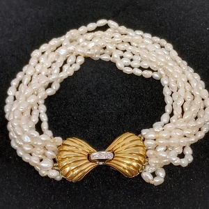 Vintage 14K Gold Diamond Clasp 9-Strand Rice Pearl Bracelet 585 Hallmarked 7.5" - Picture 1 of 21
