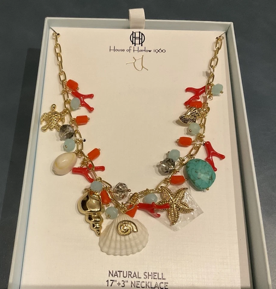 House of Harlow 1960 Coastal Shell Stone Gold Charm Necklace 17” + 3” Beach - Image 1 of 4