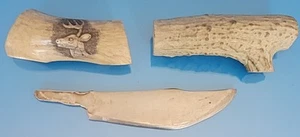 W1: Custom Knife Blade Blank & Carved Antler/Bone Handles Scrimshaw Unfinished - Picture 1 of 9