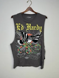 Ed Hardy Canotta Uomo M Grigio Maglietta Muscolare Aquila Serpente Tatuaggio - Foto 1 di 8