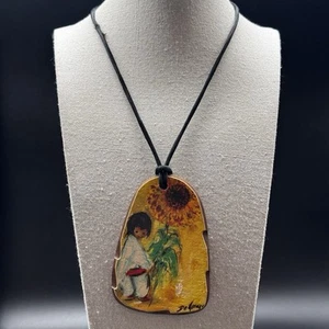 Vintage DeGrazia Signed Enamel Copper Pendant Necklace Sunflower Child Art - Picture 1 of 9