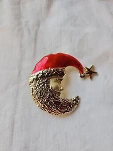 Signed CAJ Gold Tone Enamel Crescent Santa Pin Brooch ORIGINAL CUTE - Picture 1 of 3