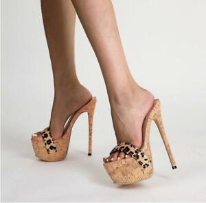 Women Stiletto Platform High Heels Leopard Mules Sandals Peep Toe Slippers Shoes