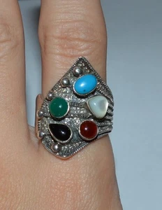 ARTISAN STERLING SILVER TURQUOISE ONYX CARNELIAN STONES RING SIZE 9.5 - Picture 1 of 5