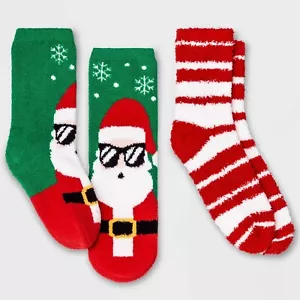 Kids' M/L 2pk Cool Santa Cozy Crew Socks - Wondershop Red/Green Xmas Holiday - Picture 1 of 4