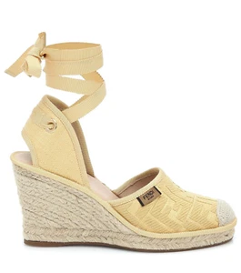 Fendi Roma Natural FF Logo Ankle Strap Lace Up Sandal Espadrille Wedge Heel 41 - Picture 1 of 12