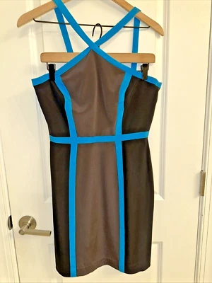 Vestido JAY GODFREY Negro Azul Borde Sin Mangas Midi Bloques de Color Talla 8 Mezcla de Seda Foto 1 de 4