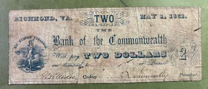 Early Civil War Bank of the Commonwealth Confederate $2 Note, 1861 - Picture 1 of 1
