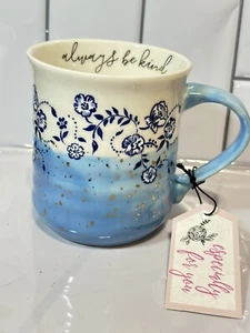 Belle Maison Always Be Kind Kaffeetasse 17 Unzen Blume blau tauchen Farbstoff gold gesprenkelt - Bild 1 von 4
