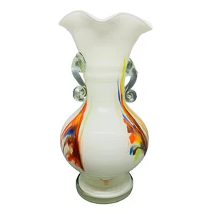 Snowflakes Dalian Glass Handblown Art Glass Two Handled Vase Ruffled Edge 9.75" - Picture 1 of 13