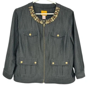 Ruby Rd. Embellished Black Denim Jacket Zip Front Beaded Accents Women's SZ 12 - Picture 1 of 7