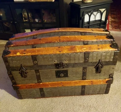 Antique Dome Top Steamer Trunk Embossed Metal and Wood late 1800s  - Image 1 of 4