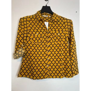 Notations Womens Button Up Shirt Golden Black PM Long Roll Tab Sleeve Pockets - Picture 1 of 7
